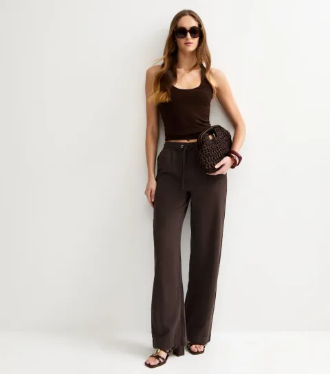 Women's Tall Dark Brown Twill Cotton Wide Leg Trousers