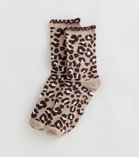 New Look Brown Leopard Print Frill Top Ankle Socks