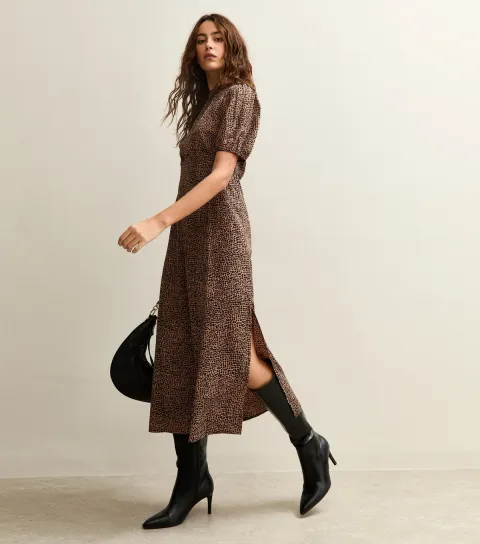New Look Women's Brown Animal Print Keyhole Midi Dress