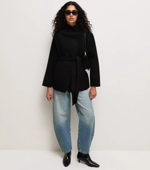 Women's Black High Neck Belted Jacket