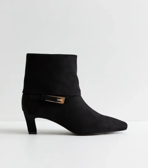 Women's Black Faux Suede Buckle Detail Ankle Boots Vegan