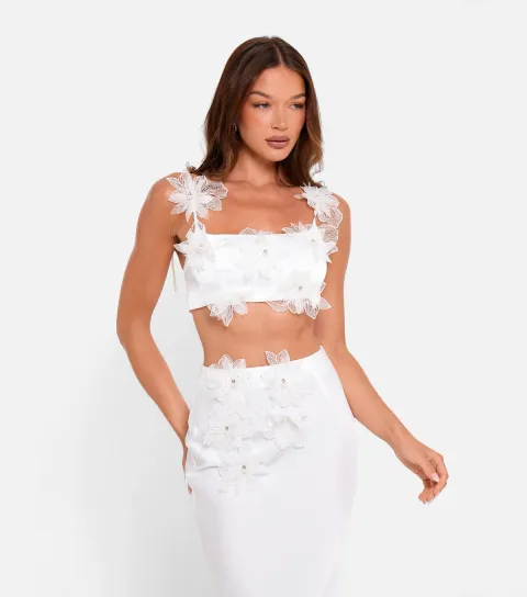 Women's White Floral Appliqué Tie Satin Top
