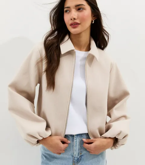 Women's Cream Zip Through Collared Bomber Jacket