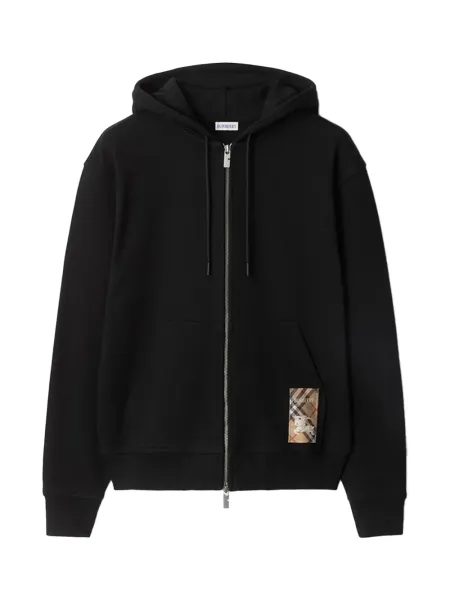 Men Check Label Cotton Zip Hoodie Black