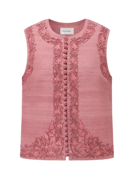Soft Pink Women embroidered buttoned tussah silk vest