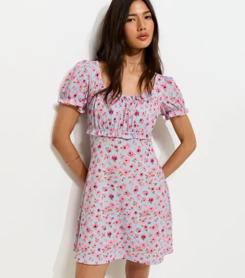 Women's Blue Floral Print Crinkle Texture Mini Dress
