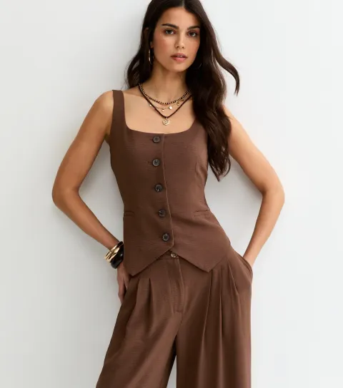 New Look Women's Dark Brown Scoop Neck Button Up Waistcoat