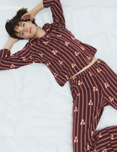 Marks & Spencer Spencer Bear Striped Christmas Family Pyjamas Burgundy Mix