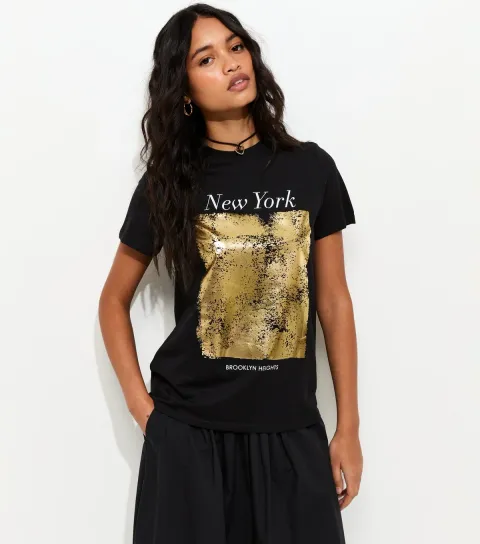 Women's Black New York Foil Relaxed T-Shirt
