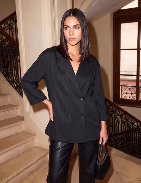 Roman Oversized Textured Cropped Blazer Black Mix