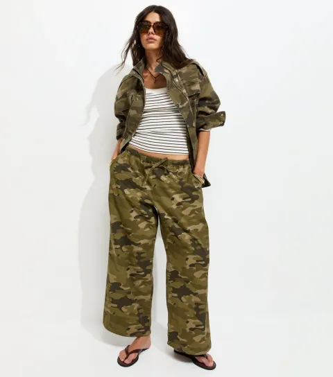 Women's Green Cotton Camo Wide Leg Cargo Trousers