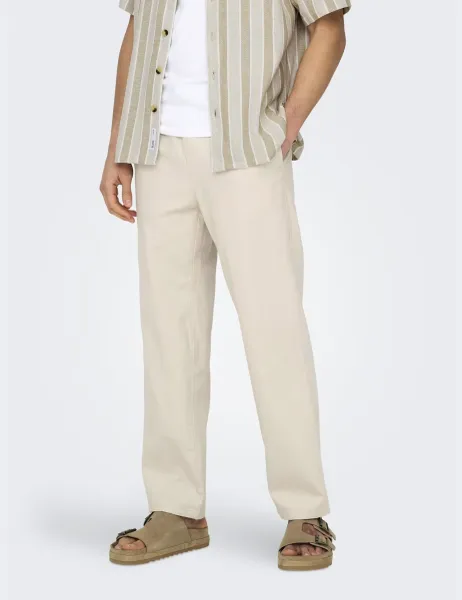 Only & Sons Straight Fit Cotton Rich Trousers with Linen Beige