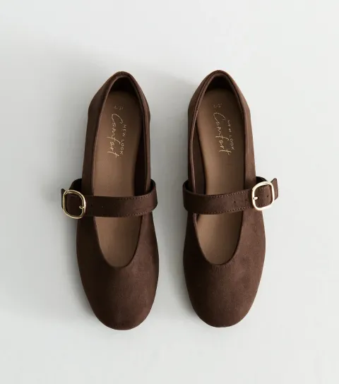 New Look Women's Dark Brown Faux Suede Mary Jane Ballet Flats