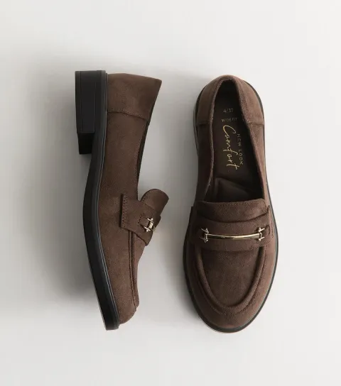 Women's Wide Fit Dark Brown Faux Suede Metallic Strap Loafers Vegan