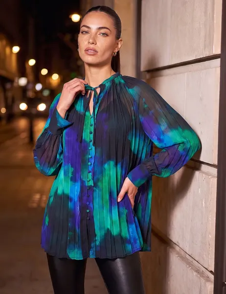 Roman Watercolour Pleated Tie Neck Blouse Blue Mix