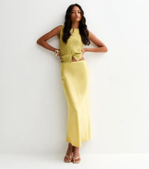 New Look Women's Light Green Satin Bias Cut Midi Skirt