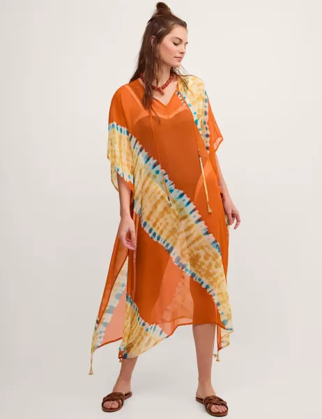Monsoon Tie Dye V-Neck Midi Beach Cover Up Kaftan Multi