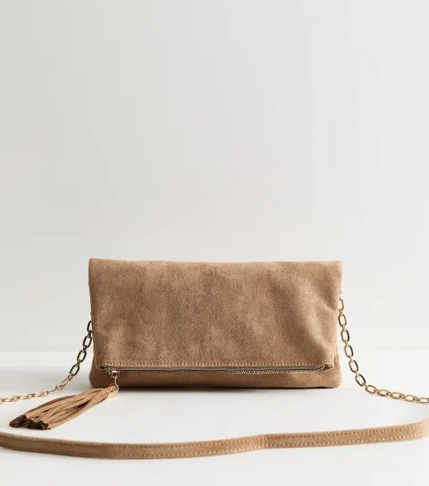 Camel Faux Suede Tassel Charm Clutch Bag Vegan