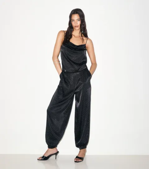 New Look Women's Black Shiny Gem Embellished Cuffed Trousers