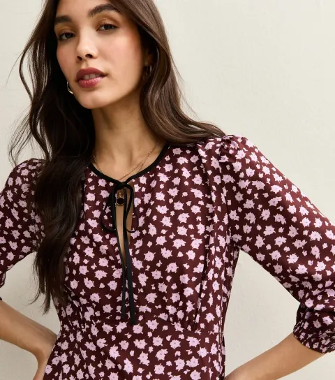 Women's Brow Floral Print Tie Neck Midi Dress
