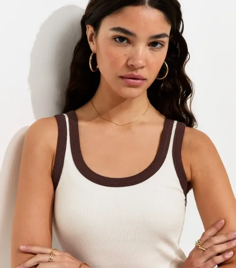 Women's White Contrast Trim Scoop Neck Vest Top