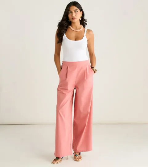 Women's Pink Pleated Front Wide Leg Trousers