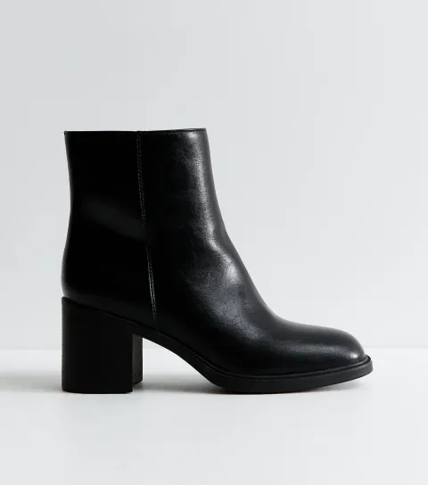 Women's Black Faux Leather Block Heel Square Toe Ankle Boots