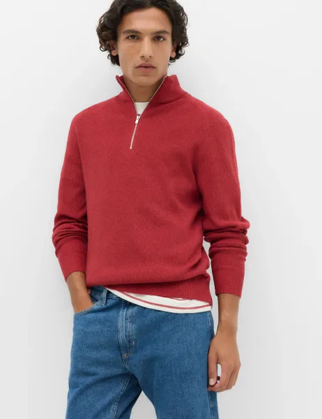 Marks & Spencer Cotton Blend Ribbed Half Zip Jumper Medium Red