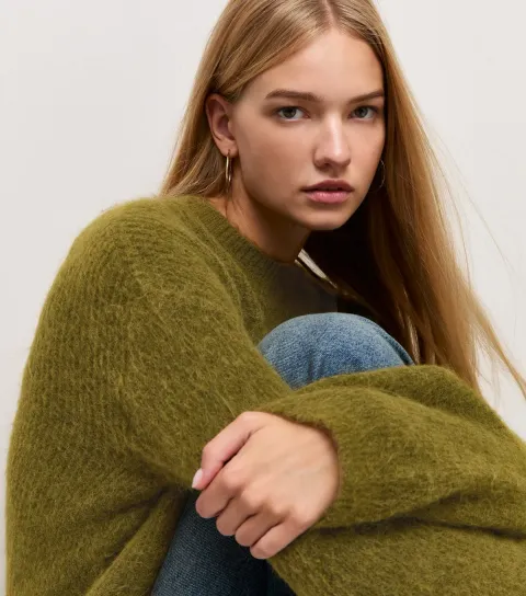 New Look Women's Green Crew Neck Ribbed Knit Jumper with Wool