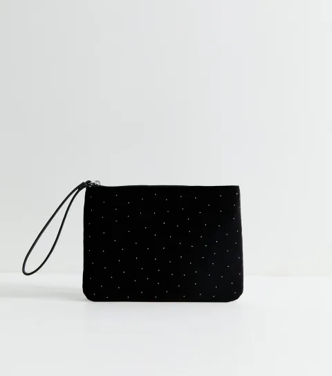 New Look Black Velvet Embellished Zipped Pouch Vegan