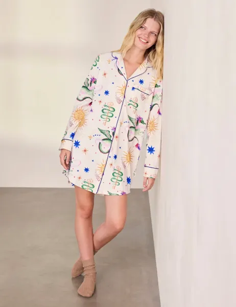 Chelsea Peers Cotton Rich Dragon Print Nightshirt Light Cream