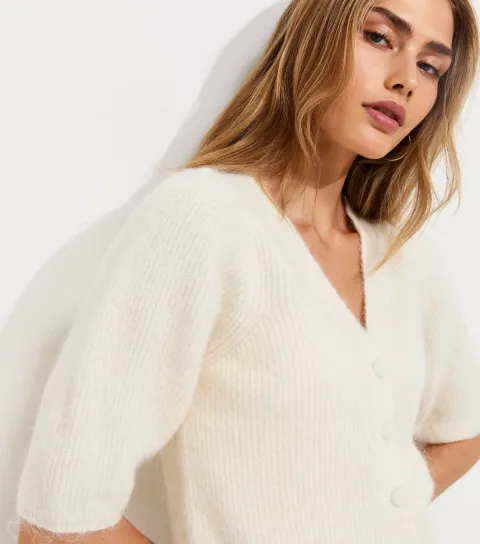 New Look Women's Cream Ribbed Knit Puff Sleeve Cardigan with Wool