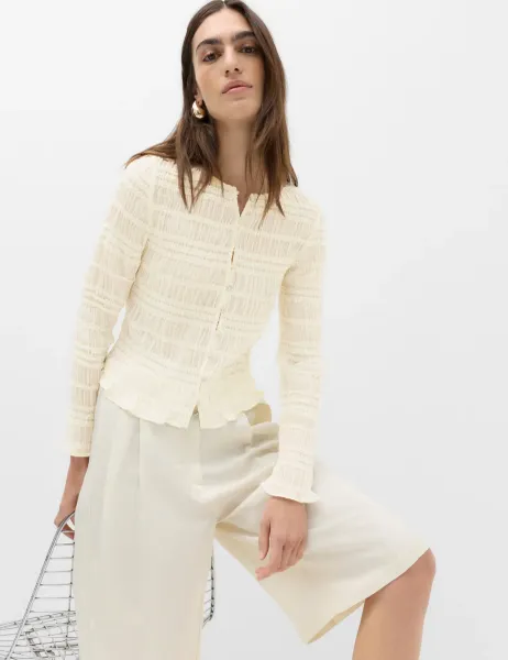 Marks & Spencer V Neck Ruffle Detail Button Through Blouse Ecru