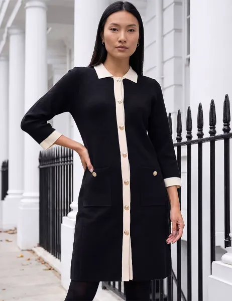 Roman Contrast Collar Knitted Dress Black Mix