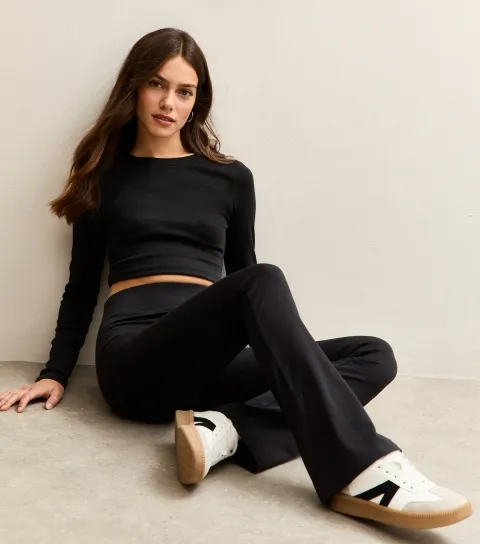 Women's Petite Black High Waist Stretch Cotton Kick Flare Leggings