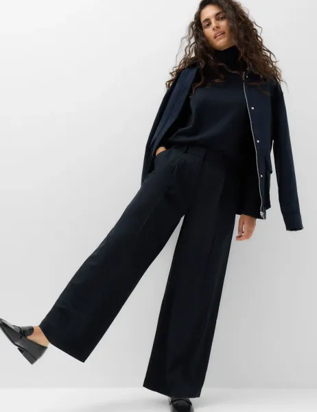 Marks & Spencer Woven Pinstripe Pleat Front Wide Leg Trousers Navy Mix