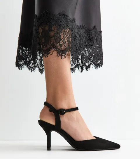 Women's Black Faux Suede Pointed Ankle Strap Court Shoes Vegan