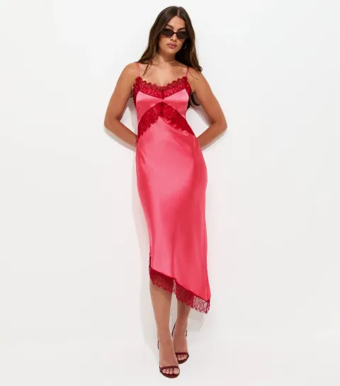 New Look Women's Bright Pink Satin Strappy Asymmetric Midi Dress