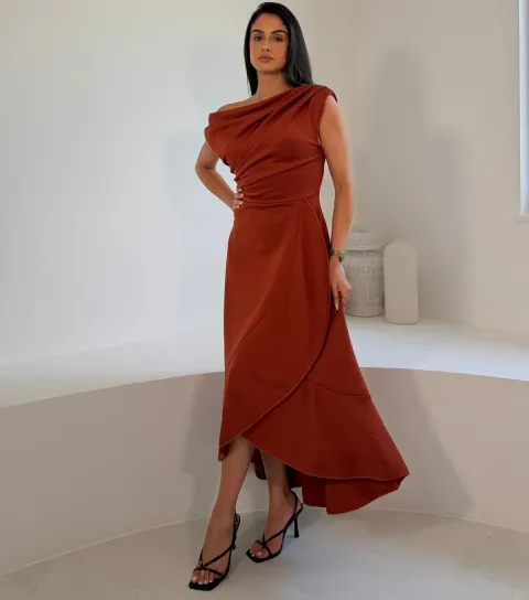 Girl In Mind Women's Burnt Orange Off The Shoulder Draped Wrap Maxi Dress