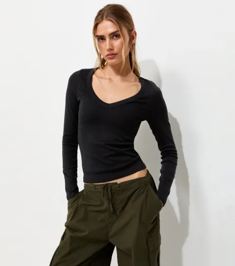 New Look Women's Black Cotton Rich V-Neck Long Sleeve Top