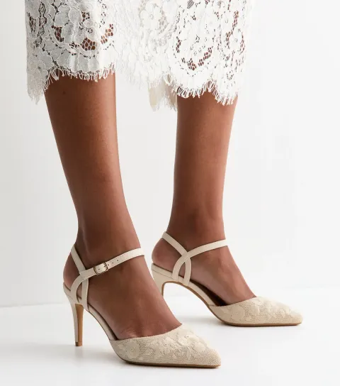 Women's Off White Floral Embroidered Stiletto Court Shoes Vegan