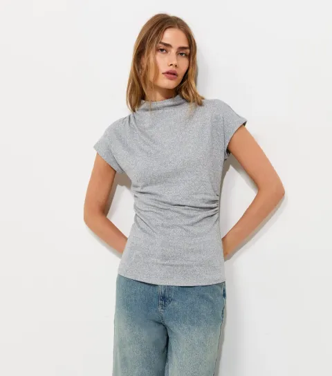 Women's Light Grey Soft Touch Draped High Neck T-Shirt
