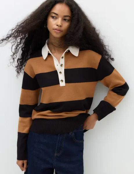 Marks & Spencer Striped Knitted Rugby Top with Wool Camel Mix