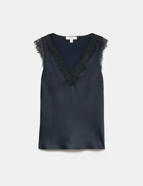 Marks & Spencer Satin V Neck Lace Insert Tie Detail Cami Top Navy Mix