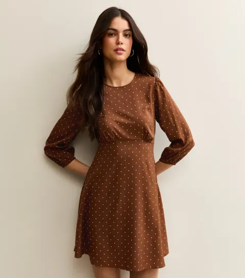 Women's Brown Polka Dot Cropped Sleeve Mini Dress