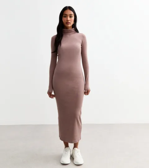 Women's Mink Ribbed Roll Neck Midi Dress