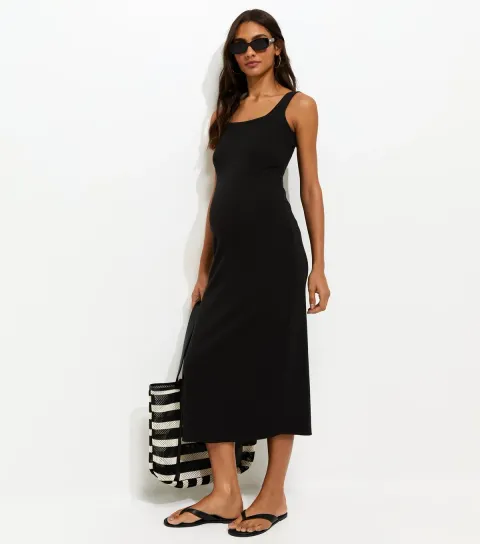 Women's Maternity Black Square Neck Midi Dress