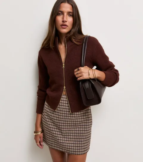 Women's Brown Check High Waisted Mini Skirt