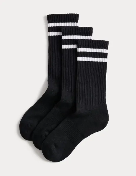 Goodmove 3 Pack Cotton Rich Striped Crew Socks Black Mix