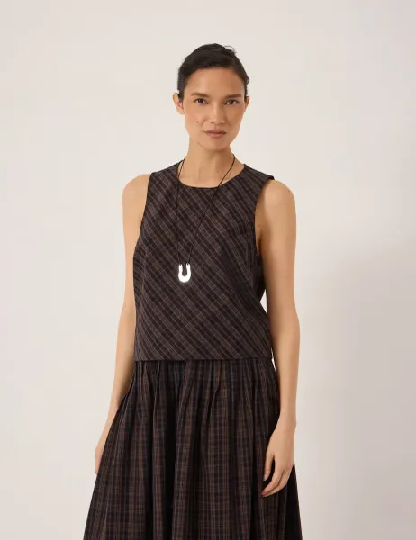 HUSH Pure Cotton Checked Shell Top Brown Mix